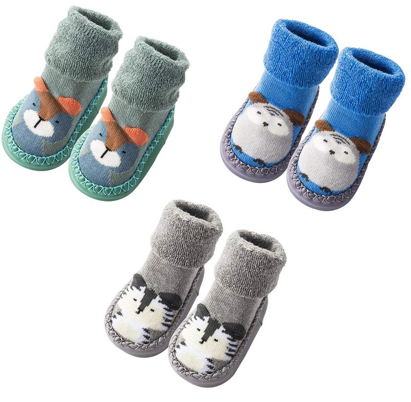 MarJunSep Infant Baby Boy Girls Toddlers Moccasins Non-Skid Indoor Slipper Shoes Socks Booties with Grips (12-18 Months, Grey Blue Green) - Image 1